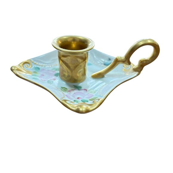 Hand painted porcelain candle holder finger lamp taper candlestick pink gold 60s - Picture 1 of 7